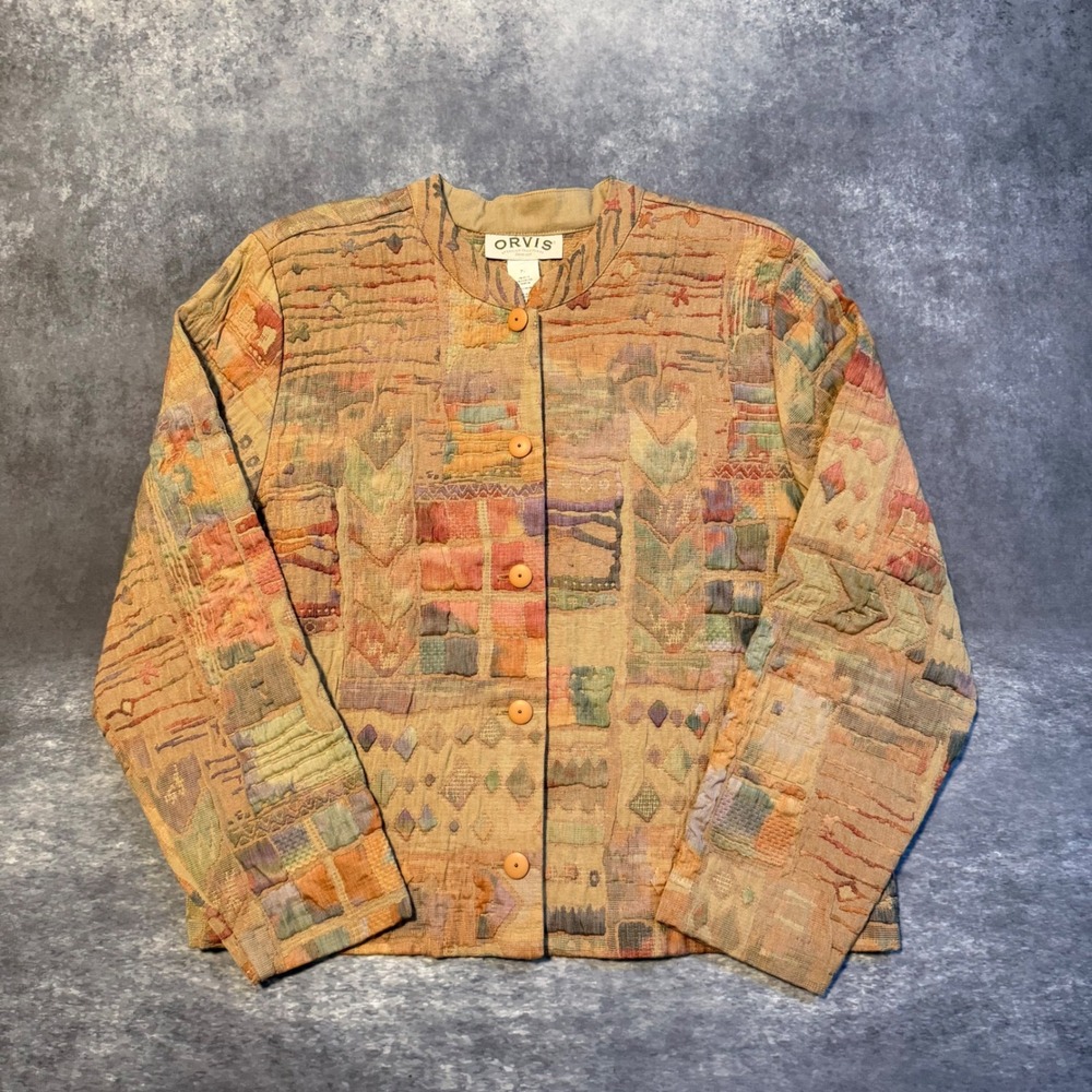 Vintage Orvis Womens XL Tapestry Jacket Multi Color Geometric Patchwork Button
